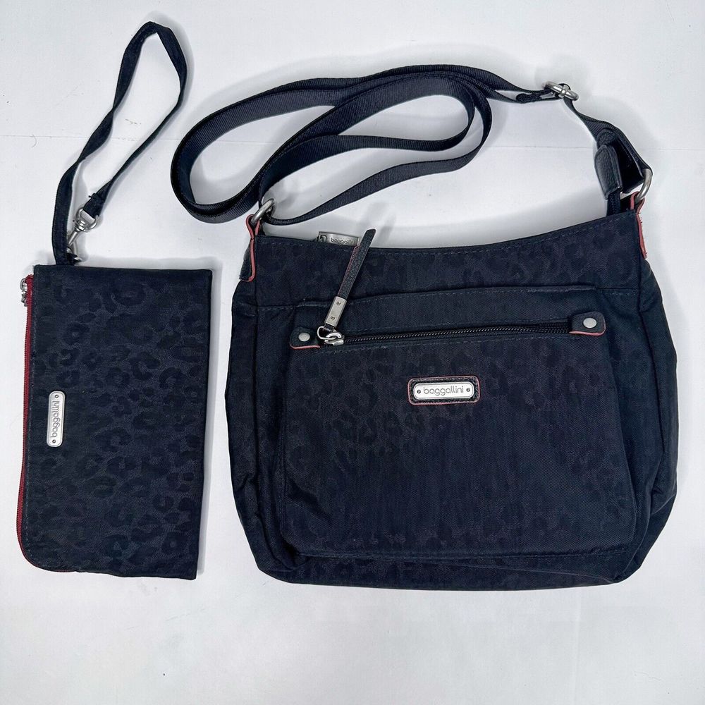Baggallini Uptown Bagg Crossbody Bag Black Nylon RFID Wristlet Black Leopard